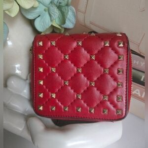 Valentino Garavani Rockstud Spikes Red Leather Bifold Wallet GUC